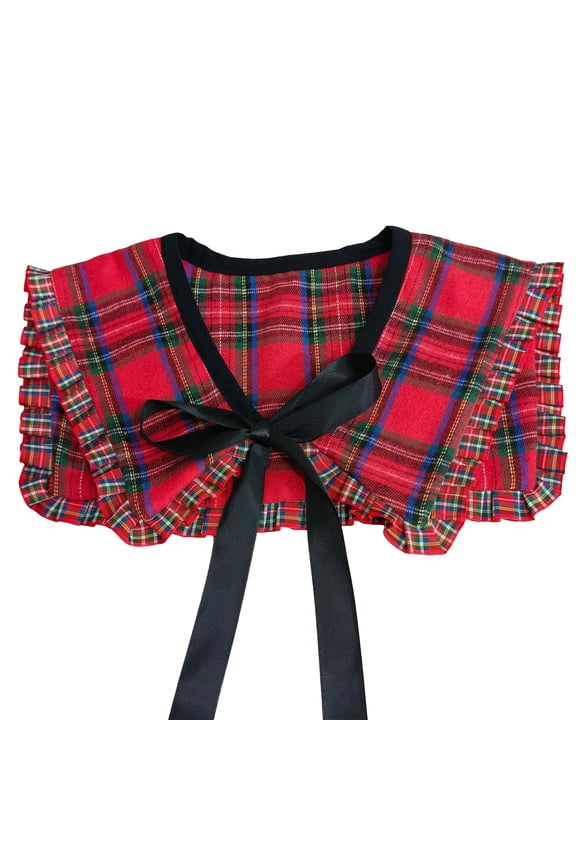 Women Lightweight Detachable False Collar Shawl Scarf Vintage Checkered Plaids Neckline Ruffled Trim Bows Tie Capelet
