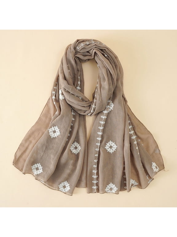 Women Lightweight Embroidered Scarf Floral Embroidery Long Shawl Wrap Soft Sheer Scarves for Ladies Bohemian Style Scarf for Daily Wedding Beach Vacation Sun Protection