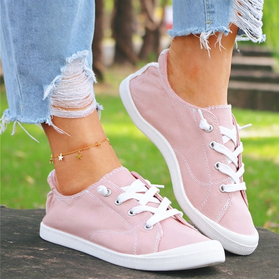 Women Lightweight Flat Walking Sneakers Classic Canvas Upper Lace Up Low Top Non Slip Daily Shoes