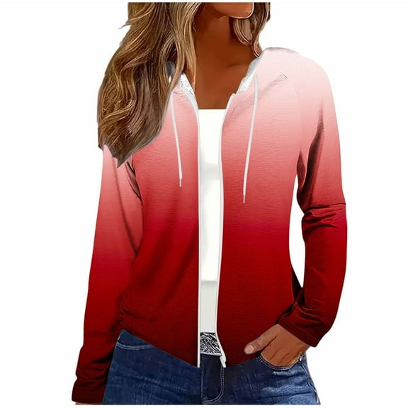 Women Lightweight Hoodies Jacket Long Sleeve Zipper Hooded Sweatshirt Fall Casual Comfy Zip-Up Cardigan Coat Outerwear Red, S