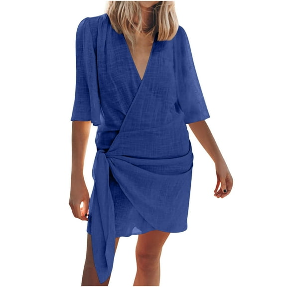 Women Lightweight Linen T Shirt Dress Wrap V Neck Ruched Side Tie Knot Casual Solid Color Breathable Summer Outfits