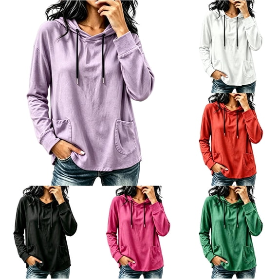 Women Lightweight Long Sleeve Hoodie with Two Front Pockets and Drawstring Casual Sporty Pullover Sweatshirt Top
