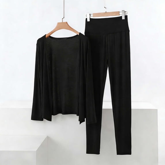 Women Lightweight Loungewear Sets Long Sleeve Sleepwear Casual Loose Open Front Cardigans High Waisted Pants New Two Piece Pants Set for Women Casual Black XXL