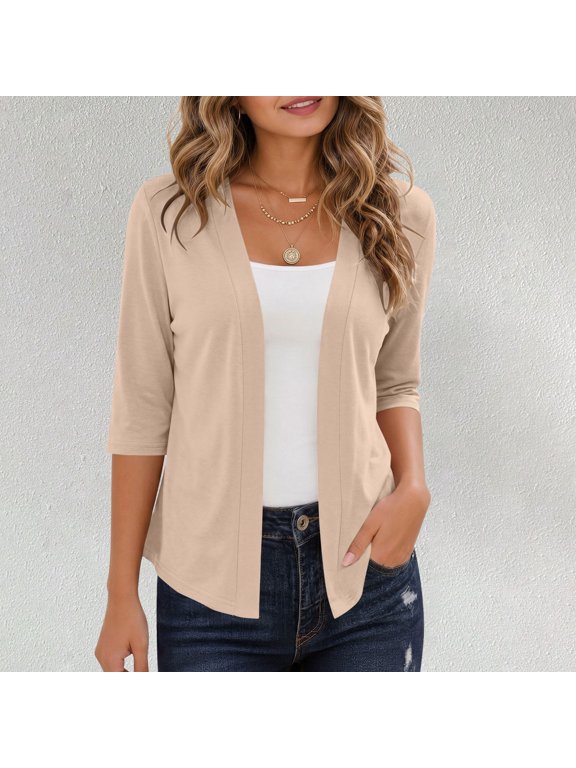 Women Lightweight Open Front Cardigan 3/4 Sleeve Relaxed Soft Casual Layering Shrugs Jacket for Spring Summer Daily Wear Beige Womens Coat Long XL