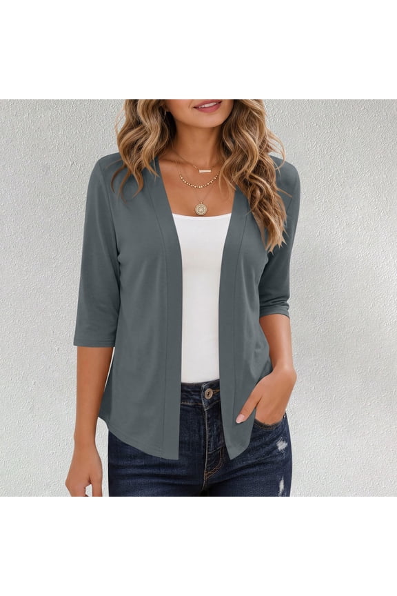 Women Lightweight Open Front Cardigan 3/4 Sleeve Relaxed Soft Casual Layering Shrugs Jacket for Spring Summer Daily Wear Gray S