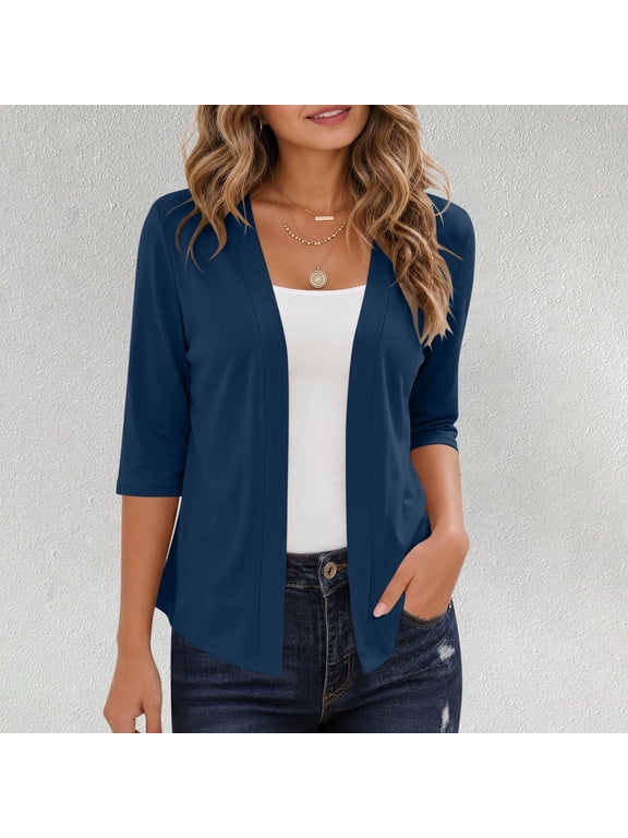 Women Lightweight Open Front Cardigan 3/4 Sleeve Relaxed Soft Casual Layering Shrugs Jacket for Spring Summer Daily Wear Navy Women Light Jacket L