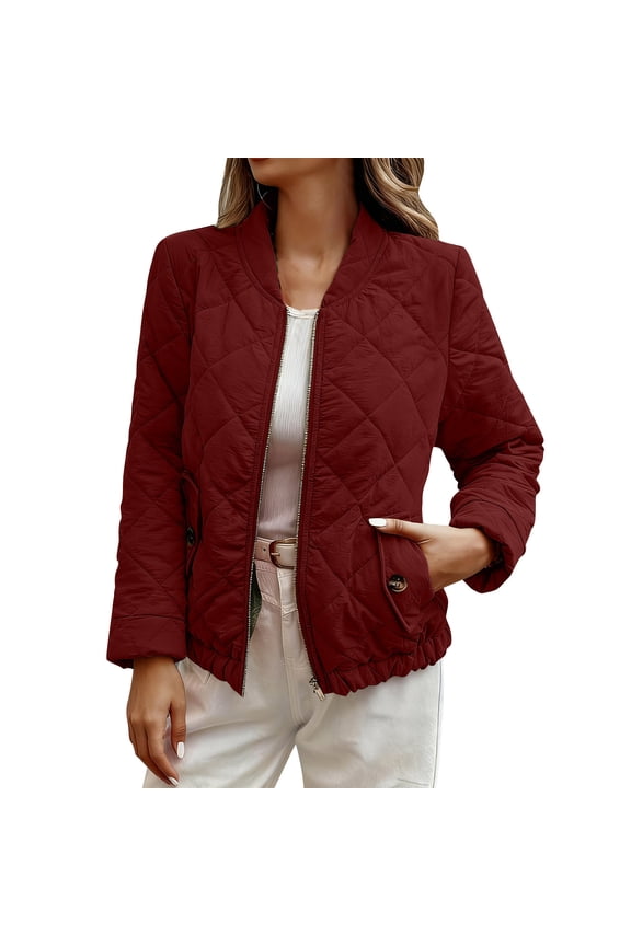 Women Lightweight Parka Winter Warm Jacket Quilted Puffer Coat Pleats Outwear Zip Down Padded Jacket Crewneck Peacoat Casual Relaxed Overcoat(Red,L)