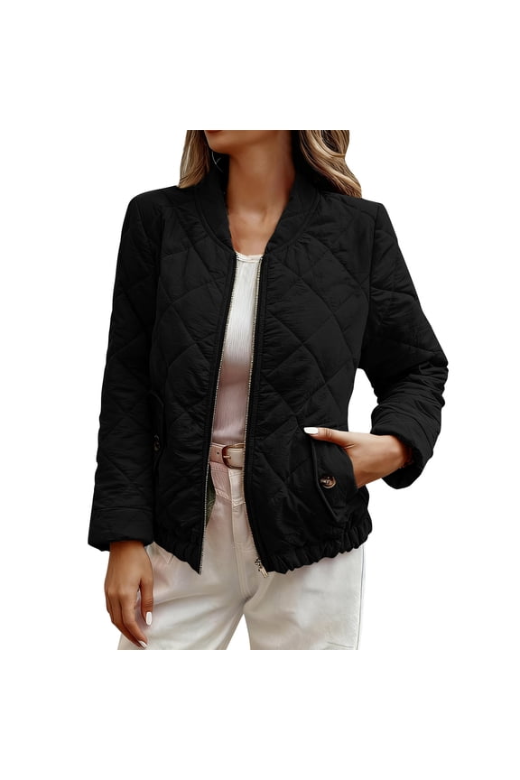 Women Lightweight Parka Winter Warm Jacket Quilted Puffer Coat Pleats Outwear Zip Down Padded Jacket Crewneck Peacoat Casual Relaxed Overcoat(Black,S)