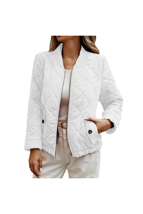 Women Lightweight Parka Winter Warm Jacket Quilted Puffer Coat Pleats Outwear Zip Down Padded Jacket Crewneck Peacoat Casual Relaxed Overcoat(White,L)