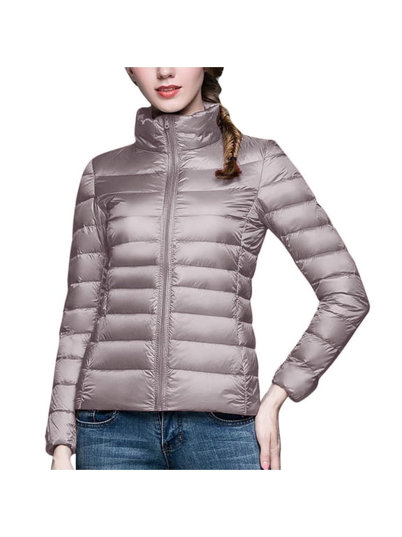 Women Lightweight Puffer Jacket Standing Collar Down Coat Solid Color Quilted Casual Feather Warm Outerwear