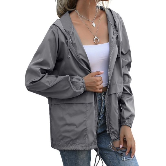Women Lightweight Rain Jacket Packable Waterproof Hooded Zip Raincoat Clothes Dark Gray M