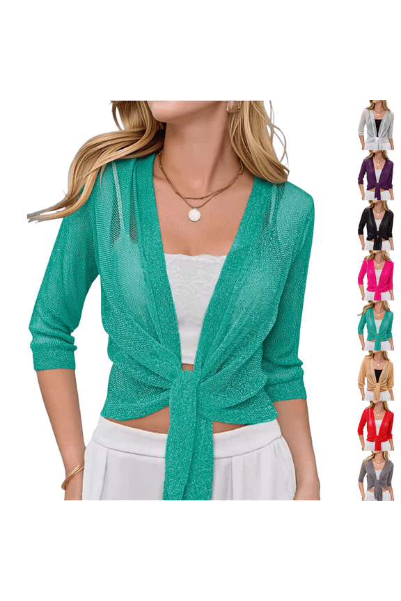 Women Lightweight Sparkle Mesh Bolero Open Front Tie Knot Short Cardigan for Daily Party Green S
