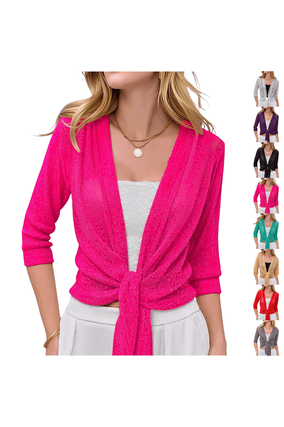 Women Lightweight Sparkle Mesh Bolero Open Front Tie Knot Short Cardigan for Daily Party Hot Pink S