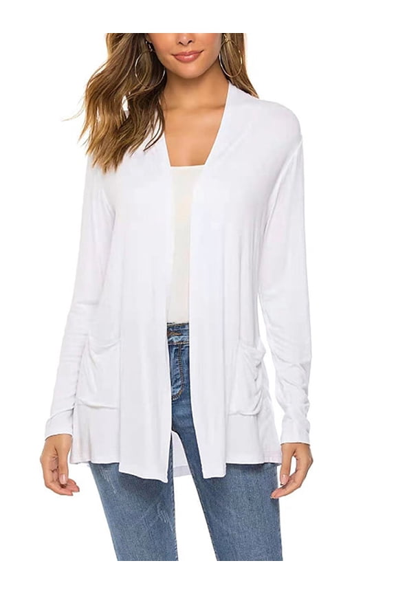 Women Lightweight Summer Cardigans Open Front Casual Solid Color Long Sleeve Knit Sweater Cover Up with Pockets