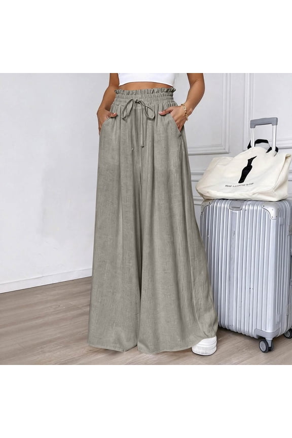 Women Lightweight Wide Leg Palazzo Pants with Pockets Drawstring Elastic High Waist Flowy Culottes, M
