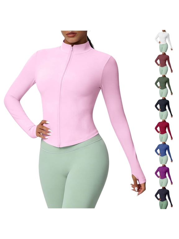 Women Lightweight Zip Up Slim Fit Yoga Sportwear Women's Seamless Stand-Up Collar Zippered Long Sleeve Yoga Tight Outerwear Running Gym Top Pink M
