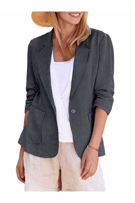 Women Lightweights Lapel Three-Quarter Sleeve Elastic Pleated Fully Lined Casual Work Jacket with Pockets Dark Gray 4XL