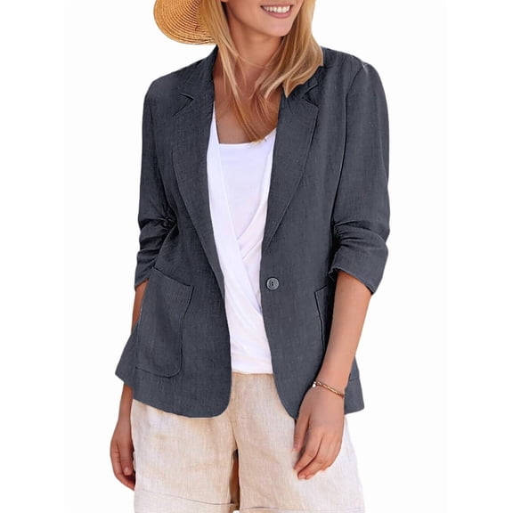 Women Lightweights Lapel Three-Quarter Sleeve Elastic Pleated Fully Lined Casual Work Jacket with Pockets Dark Gray 5XL