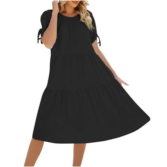 Women A Line Tent Dress Big Hem Midi Dress Flowy Short Puff Sleeve Summer Ties Sleeve Dress Cute Loose Casual Dress Crew Neck Breathable Ruched Dress for Women