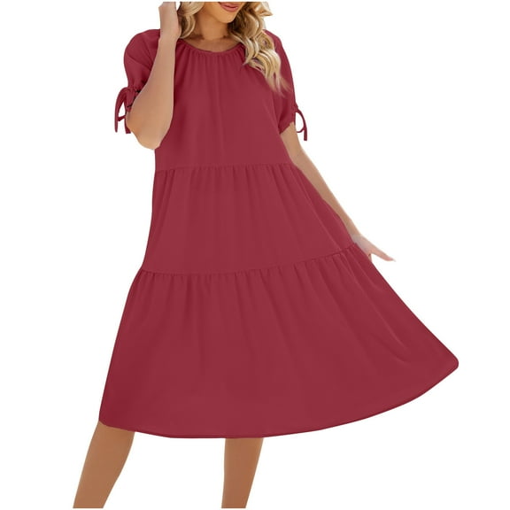 Women A Line Tent Dress Big Hem Midi Dress Flowy Short Puff Sleeve Summer Ties Sleeve Dress Cute Loose Casual Dress Crew Neck Breathable Ruched Dress for Women