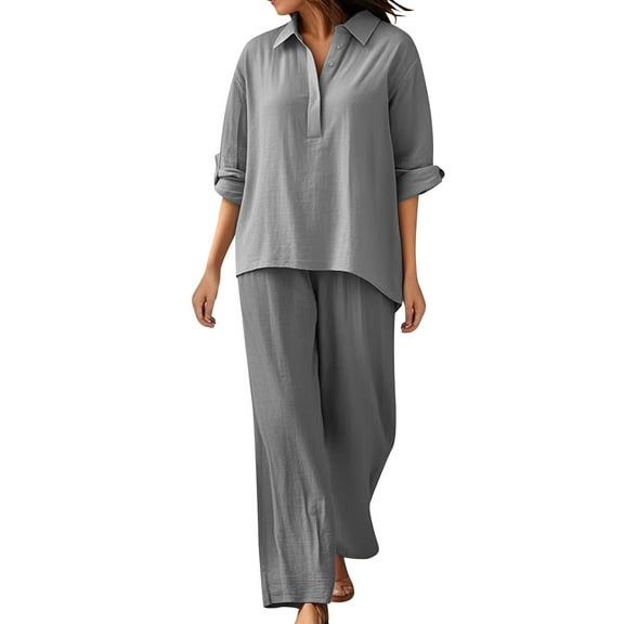 Women Linen 2 Piece Outfits Long Sleeve High Low Shirts Wide Leg Pants Set Loose Fall Lounge Set, L