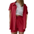 thumbnail image 1 of Women Linen 2 Piece Outfits Oversized Short Sleeve Button Down Shirt Blouse High Waist Short Summer Tracksuit Set, 1 of 4