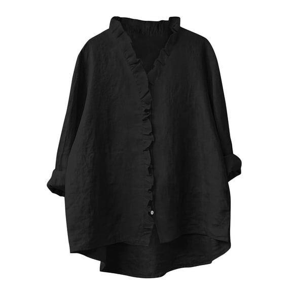 Women Linen 3/4 Sleeve Shirts Solid Summer Casual Blouses Ruffle Trim Flowy Tops Elegant Work Basic Tee Shirt