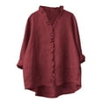 thumbnail image 1 of Women Linen 3/4 Sleeve Shirts Solid Summer Casual Blouses Ruffle Trim Flowy Tops Elegant Work Basic Tee Shirt, 1 of 6