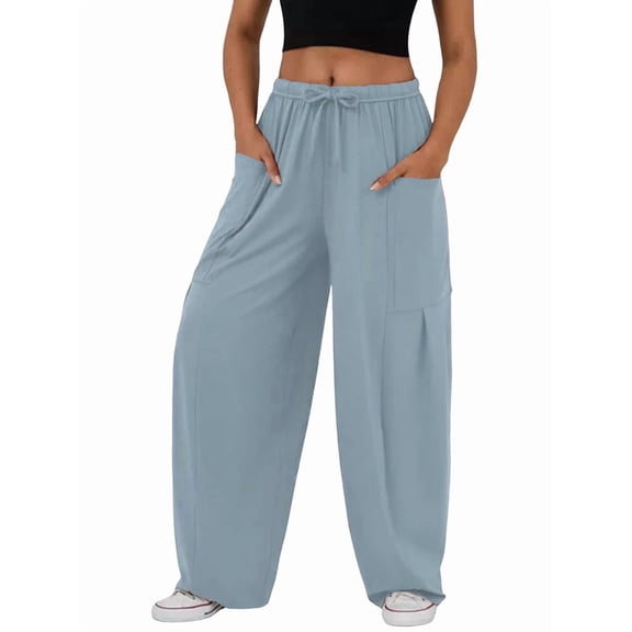 Women Linen Baggy Harem Pants Summer Drawstring Casual Lounge Pants 2025 Travel Clothes with Pockets Gray Blue S