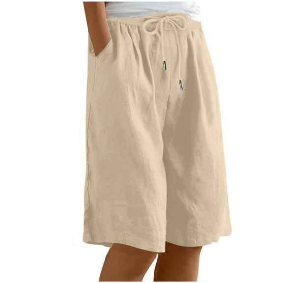 Women Linen Bermuda Shorts High Waisted Wide Leg Summer Casual Knee Length Shorts with Pockets