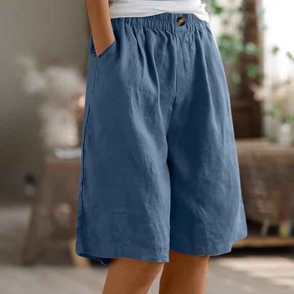 Women Linen Blend Bermuda Shorts Elastic High Waist Button Front Knee Length Casual Wide Leg Shorts with Side Pockets