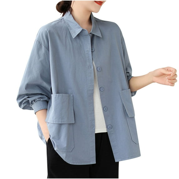 Women Linen Blend Shirt Jackets with Pocket Long Sleeve Casual Loose Coat Lapel Collar Cardigan Lightweight Outwear (X-Large, Blue)