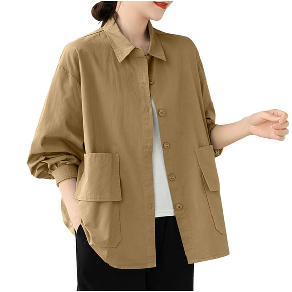 Women Linen Blend Shirt Jackets with Pocket Long Sleeve Casual Loose Coat Lapel Collar Cardigan Lightweight Outwear (X-Large, Khaki 01)
