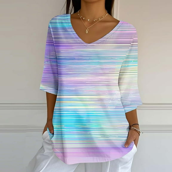 Women Linen Blouses 3/4 Length Sleeve V-Neck Summer Casual Tunic Tops Ladies Elegant Business Shirts Blue S