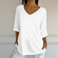 thumbnail image 1 of Women Linen Blouses 3/4 Length Sleeve V-Neck Summer Casual Tunic Tops Ladies Elegant Business Shirts White L, 1 of 5
