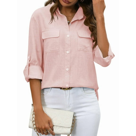 Women Linen Button Down Shirts Long Sleeve Blouse Casual Work Office Shirt Tunic Tops Pink XXL