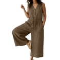 thumbnail image 1 of Women Linen Button Down Sleeveless Wide Leg Jumpsuit V Neck Beach Palazzo Pants One Piece Jumpsuit, 1 of 6
