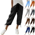 thumbnail image 1 of Women Linen Capris with Pockets, Drawstring Elastic Waist Loose Lightweight Cropped Trousers Summer Beach Casual Travel Vacation Capris Pants Straight Leg Tie Side, Black, XXL, 1 of 9