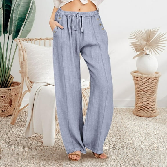 Women Linen Casual Pants Summer Wide Leg Loose Drawstring High Waist Wide Leg Pants With Pockets Pant for Women Casual Summer Womens Workout Pants Pants Women Casual High Waist Track Pants Women