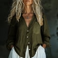 thumbnail image 1 of Women Linen Collared Button Down Shirt with Pocket and Elastic Cuffs Army Green XXL, 1 of 9