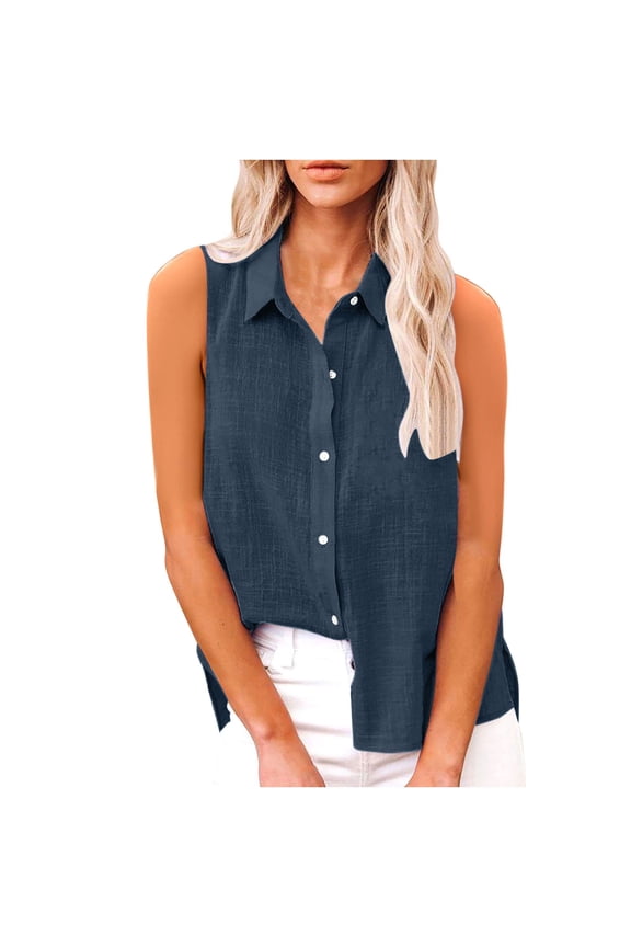 Women Linen Cotton Tank Shirt Sleeveless Side Split Blouse Button Business Casual Shirt Tops