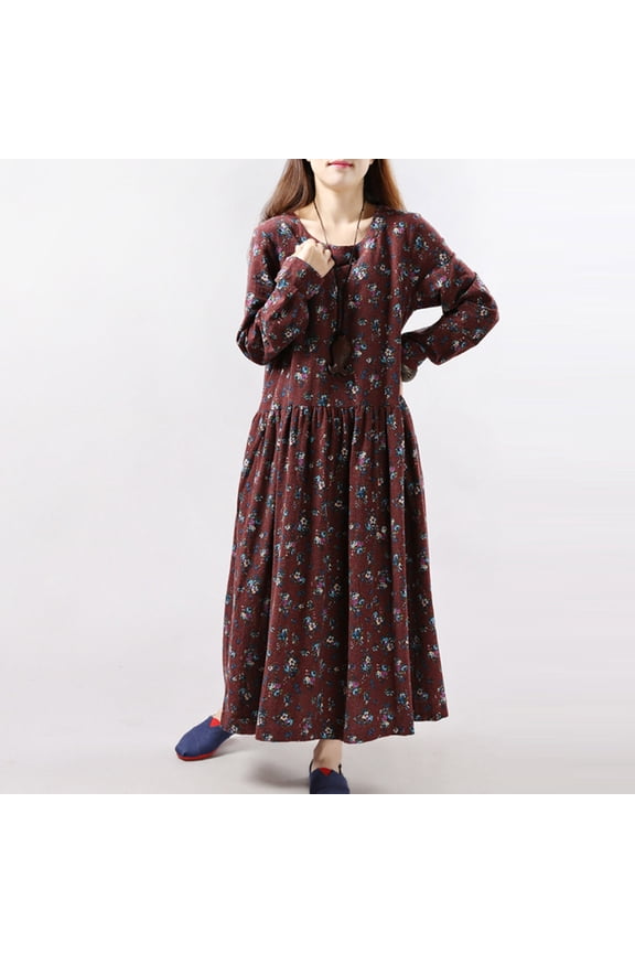 Women Linen Dress Casual Maxi Dresses Flowy Ruffle Boho Long Dresses V Neck Tunic Dress Wine M
