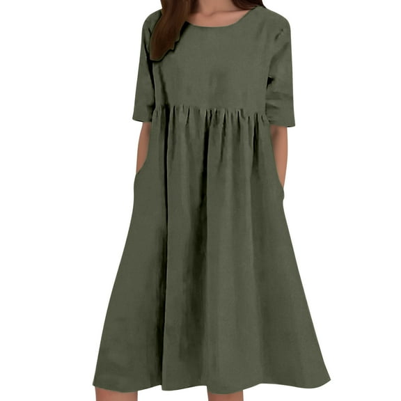 Women Linen Dress Short Sleeve Crewneck Pocket Casual Summer Boho Flowy Comfortable Breathable Loose Fit Beach Day Dress Womens Casual Trendy Midi Dresses
