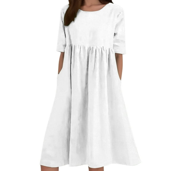 Women Linen Dress Short Sleeve Crewneck Pocket Casual Summer Boho Flowy Comfortable Breathable Loose Fit Beach Day Dress Womens Casual Trendy Midi Dresses