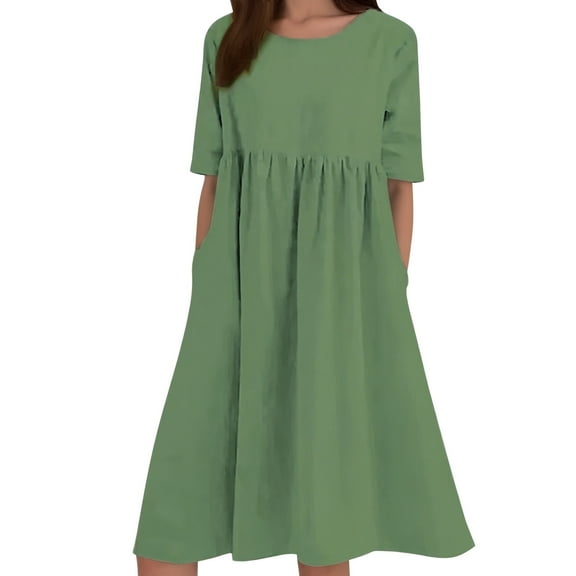 Women Linen Dress Short Sleeve Crewneck Pocket Casual Summer Boho Flowy Comfortable Breathable Loose Fit Beach Day Dress Womens Casual Trendy Midi Dresses