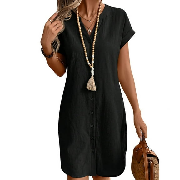 Women Linen Dress Spring Summer Casual Cap Sleeve V Neck Midi Button Down Shirt Dresses Black XL