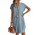 thumbnail image 1 of Women Linen Dress Spring Summer Casual Cap Sleeve V Neck Midi Button Down Shirt Dresses Lake Blue L, 1 of 5