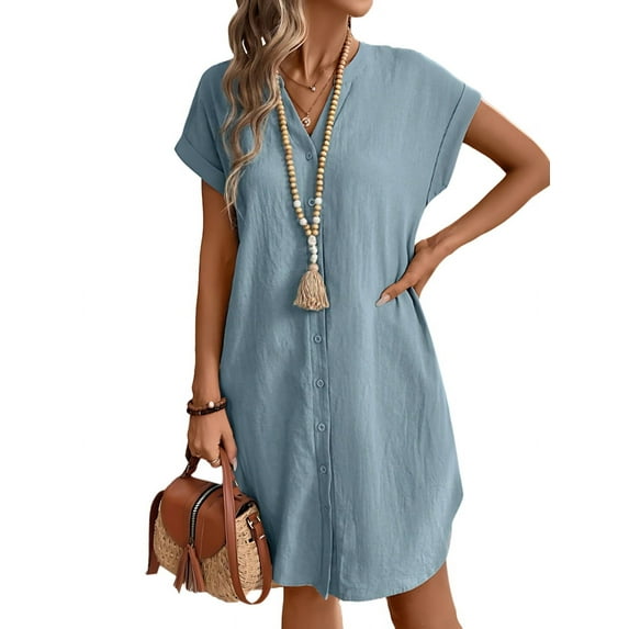 Women Linen Dress Spring Summer Casual Cap Sleeve V Neck Midi Button Down Shirt Dresses Lake Blue XL