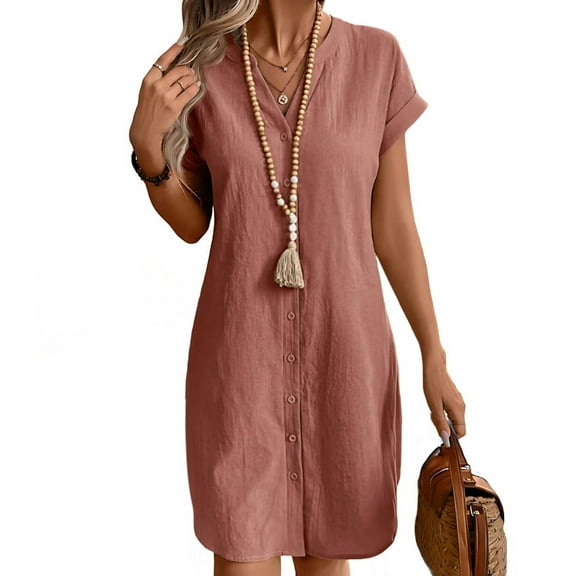 Women Linen Dress Spring Summer Casual Cap Sleeve V Neck Midi Button Down Shirt Dresses Peach S