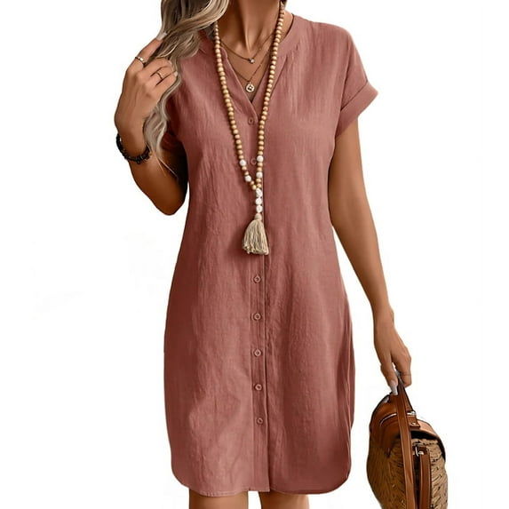 Women Linen Dress Spring Summer Casual Cap Sleeve V Neck Midi Button Down Shirt Dresses Peach S